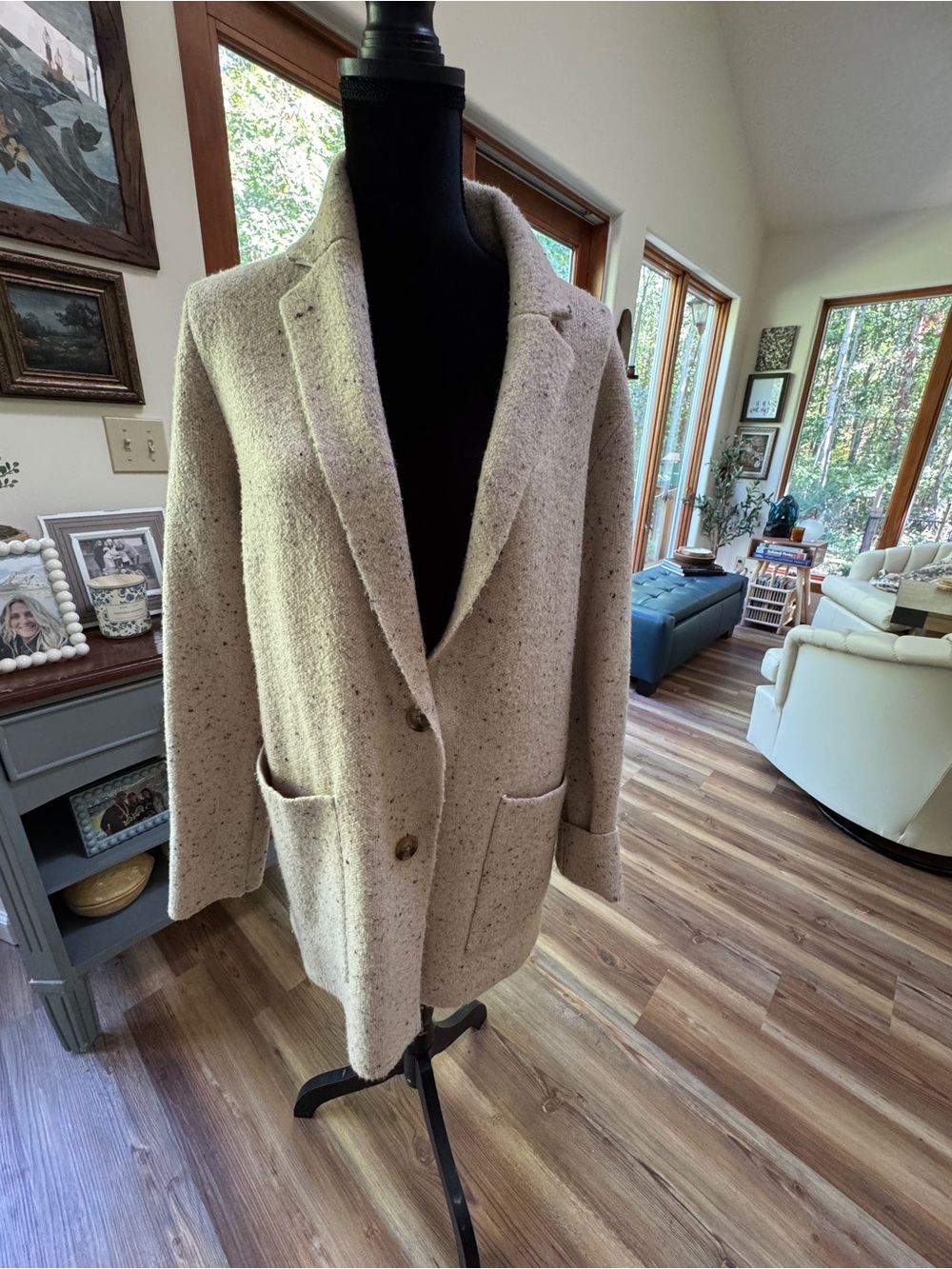 Cream blazer style cardigan. Size Large
